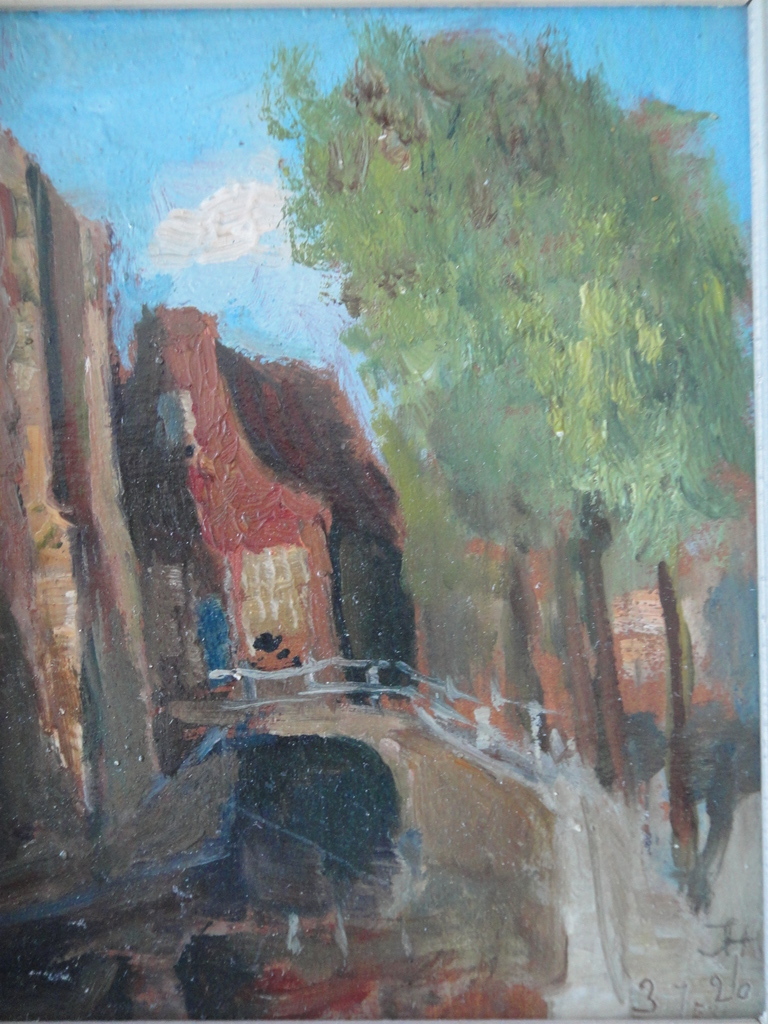 Johannes (Jan) Heesterman, olieverf op paneel, stadsgezicht verkocht voor € 35!