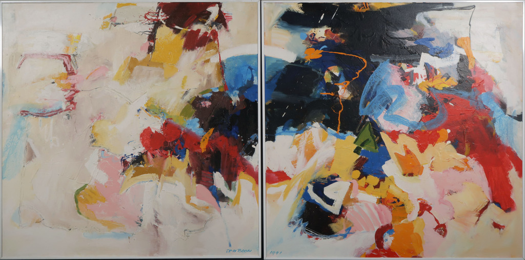 Theo den Boon: 2x Acryl op doek, Tweeluik - Ingelijst verkocht voor € 250!