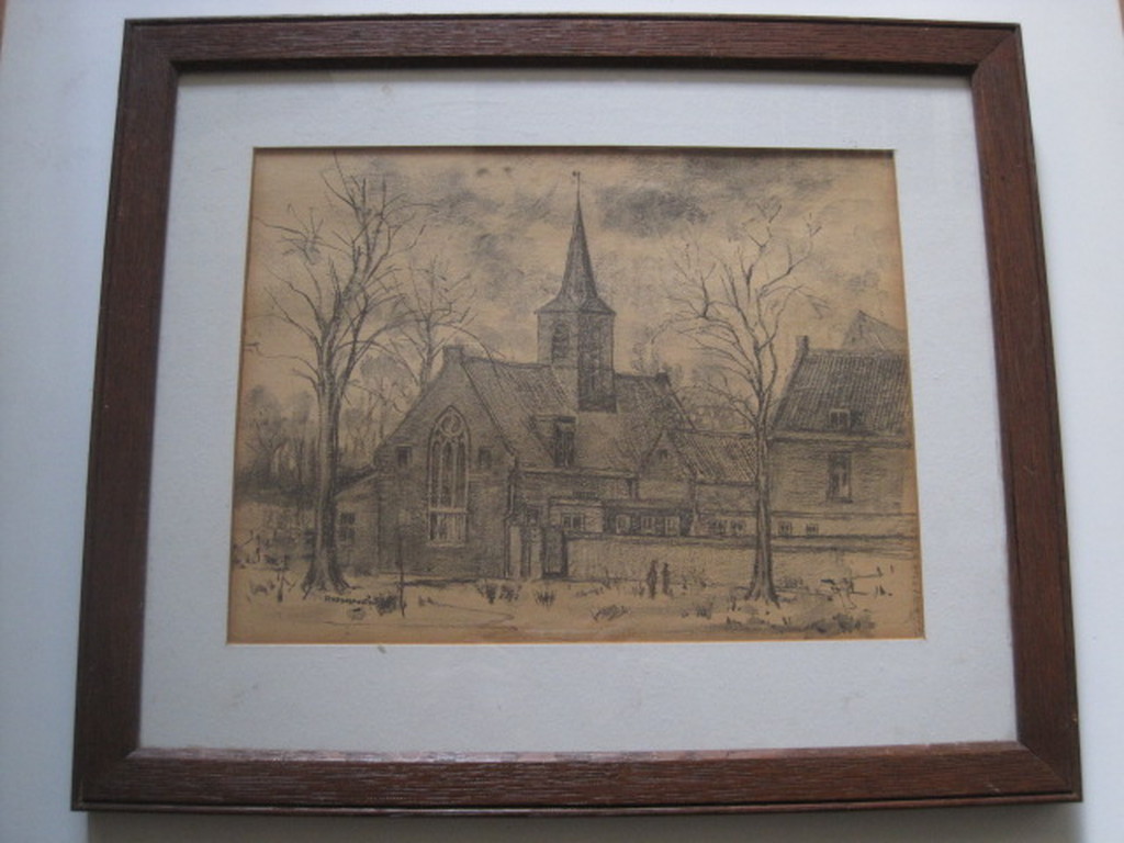 Sterke houtskooltekening "Kerk te Haarlem" van Haarlemse Vijftiger Poppe Damave kopen? Bied vanaf 1!