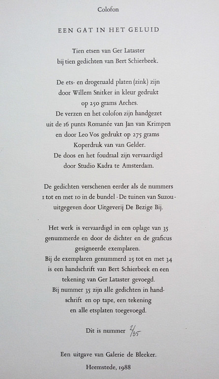 Ger Lataster en Bert Schierbeek - Een gat in het geluid, 10 etsen en gedichten kopen? Bied vanaf 750!
