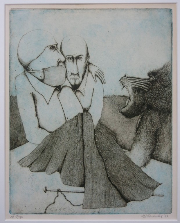 Sjef Henderickx: Ets, Twee mannen en een mandril -Ingelijst kopen? Bied vanaf 35!