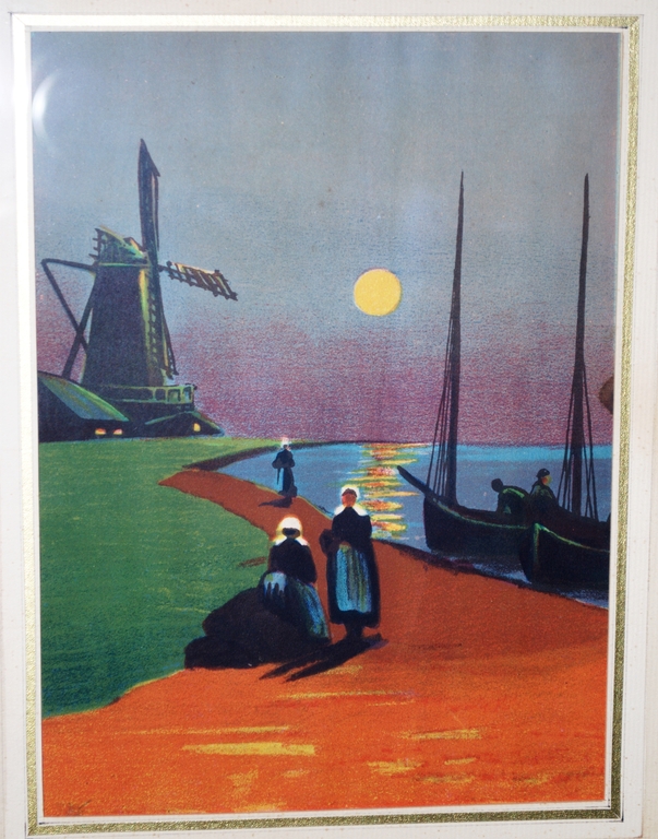 Litho jaren 20 - Avond aan het water met molen, vrouwen in klederdracht.  kopen? Bied vanaf 25!