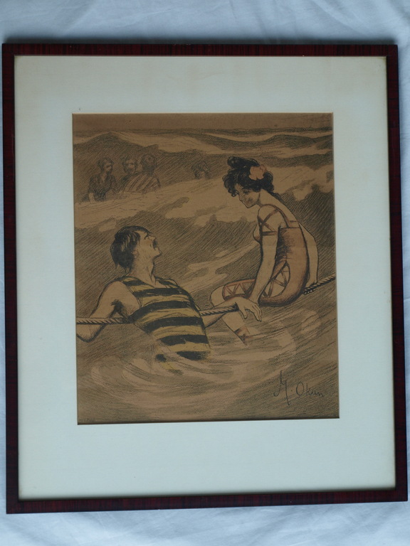 Onbekend : Prent , Flirten in Zee – ingelijst – oud kopen? Bied vanaf 1!