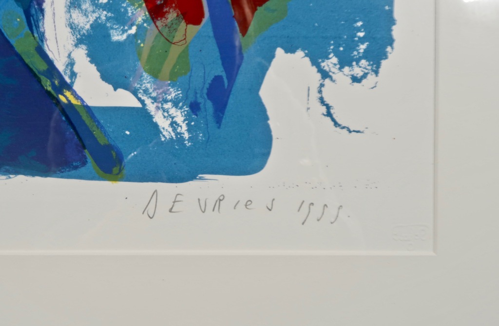 Paul de Vries: Zeefdruk, Bloemen (blauw) - Ingelijst kopen? Bied vanaf 35!