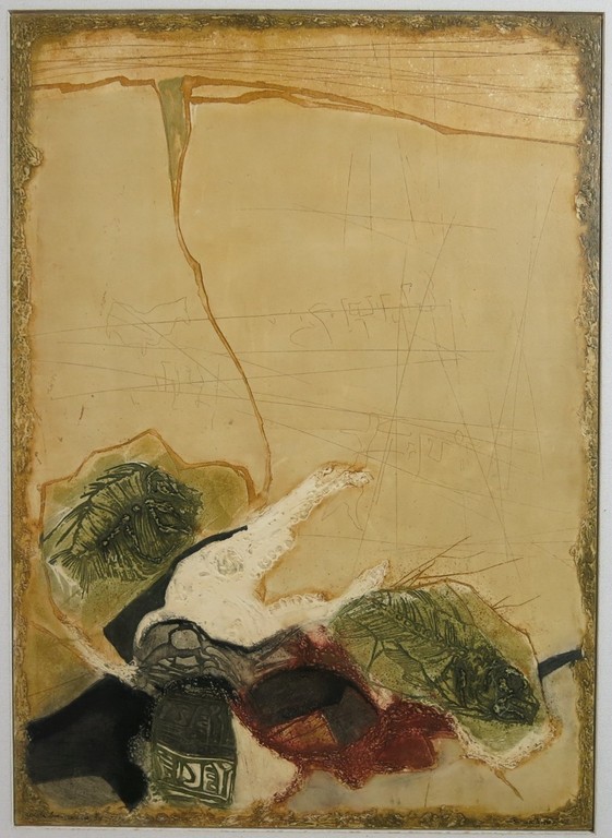 Ru van Rossem: Ets en Reliefdruk op paneel, Gestold leven (rode zee) - Ingelijst verkocht voor € 80!