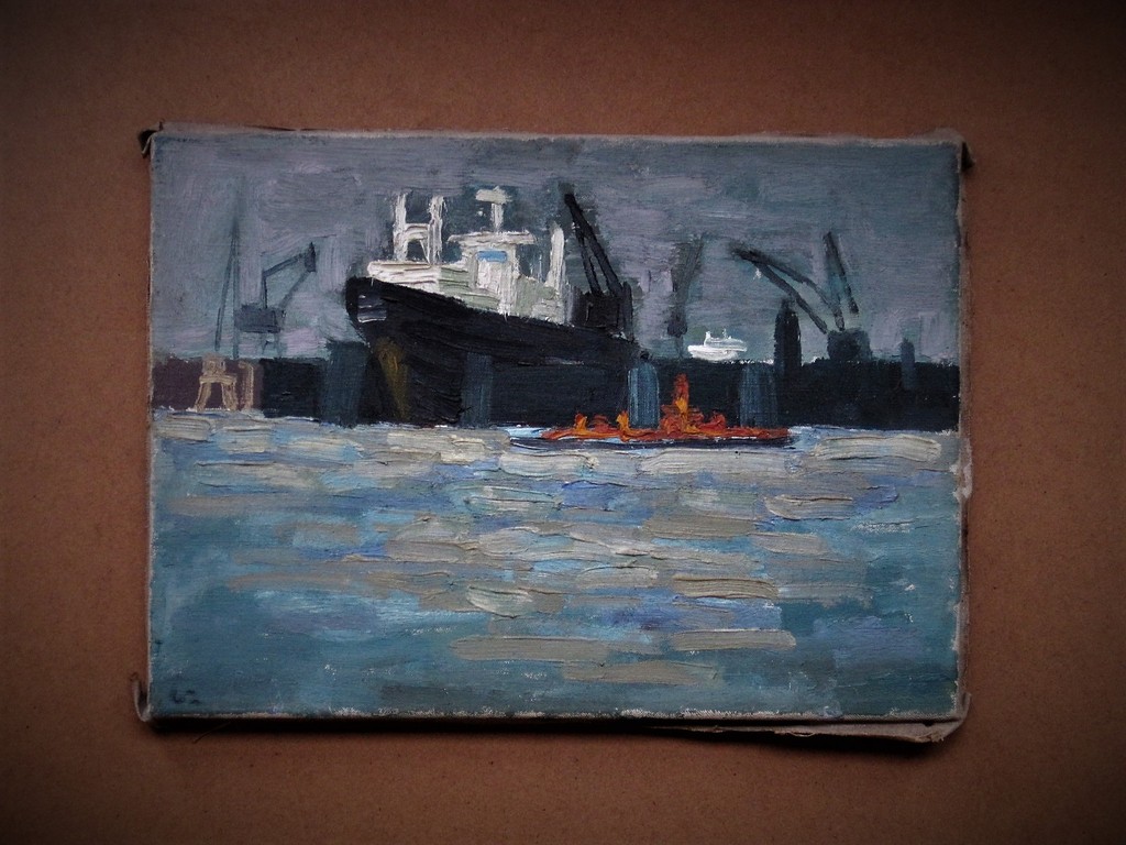 Interessant olieverf op doek ca. 1960 "Haven van Amsterdam" monogram "AT"  verkocht voor € 36!