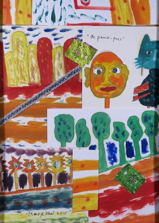 Meertje Kaal: Olieverf en collage op karton, De pauw poes - Ingelijst kopen? Bied vanaf 1!