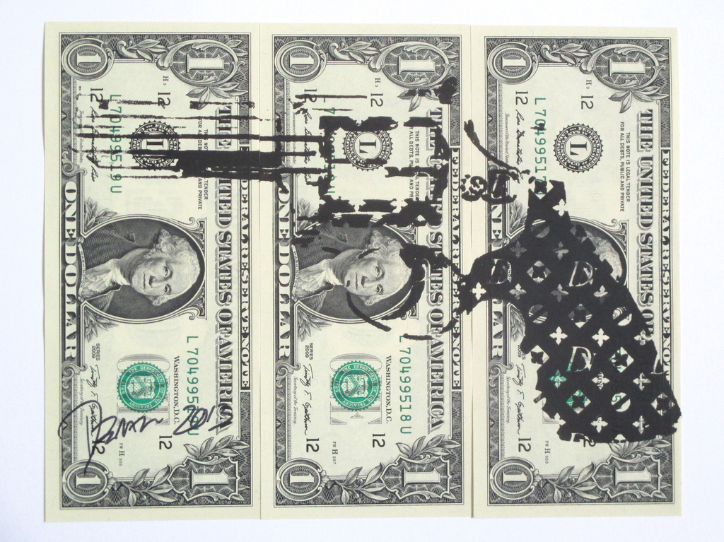 GUN- Drie originele 'street-art' dollar biljetten, 2013, gesigneerd, met COA kopen? Bied vanaf 1!