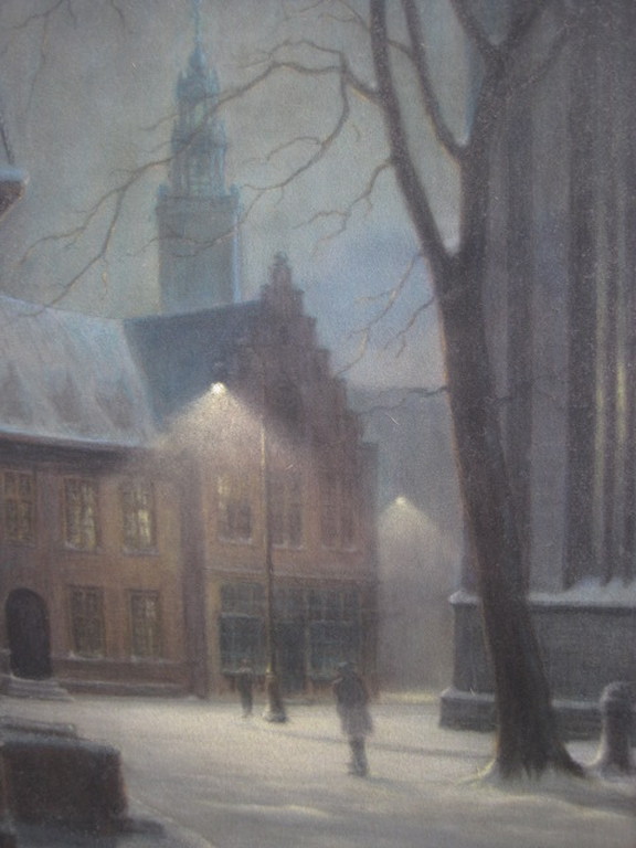 Sfeervol oud ca. 1900 pastel "Amsterdam winteravond Oudekerksplein" gesigneerd  kopen? Bied vanaf 1!