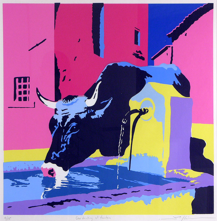 Marco Kooiman, zeefdruk: Cow drinking at fountain verkocht voor € 50!