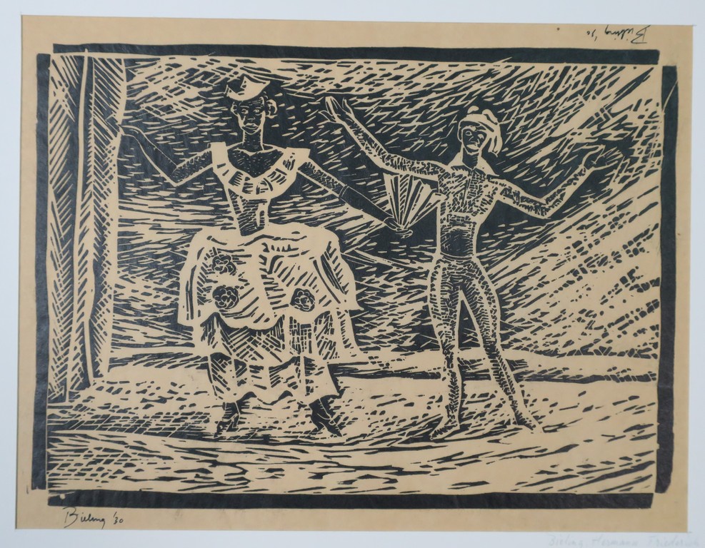 Herman Bieling: Lino op papier velin, Creoolse dansers verkocht voor € 40!
