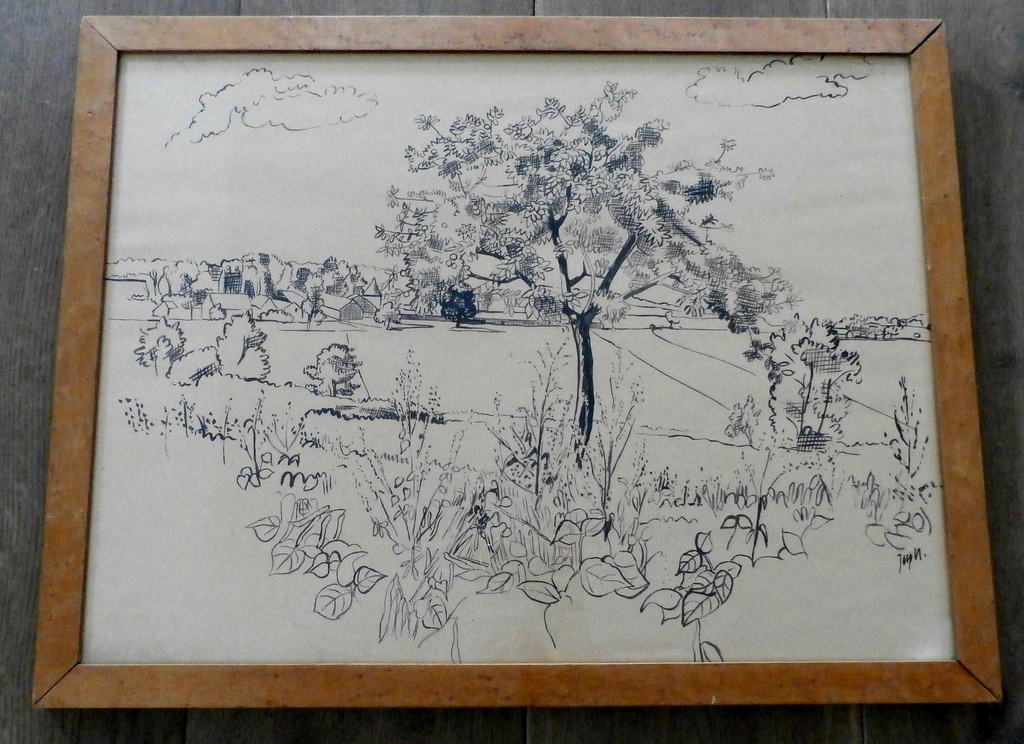 Joep Nicolas - ingelijste inkttekening: landschap kopen? Bied vanaf 55!