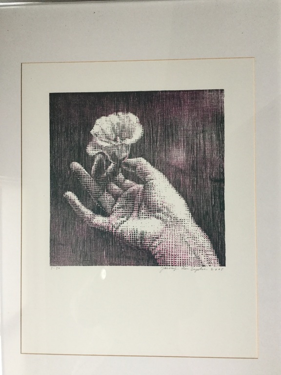 Jacomijn den Engelsen (1958), Hand met roos, houtsnede,  ingelijst verkocht voor € 40!