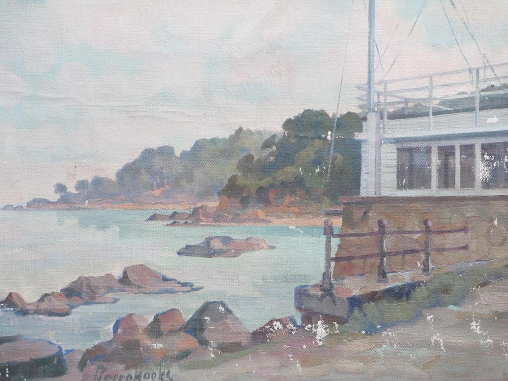 Pierre Hoeks, Botenhuis aan rotsachtige haven, Olieverf op doek kopen? Bied vanaf 1!