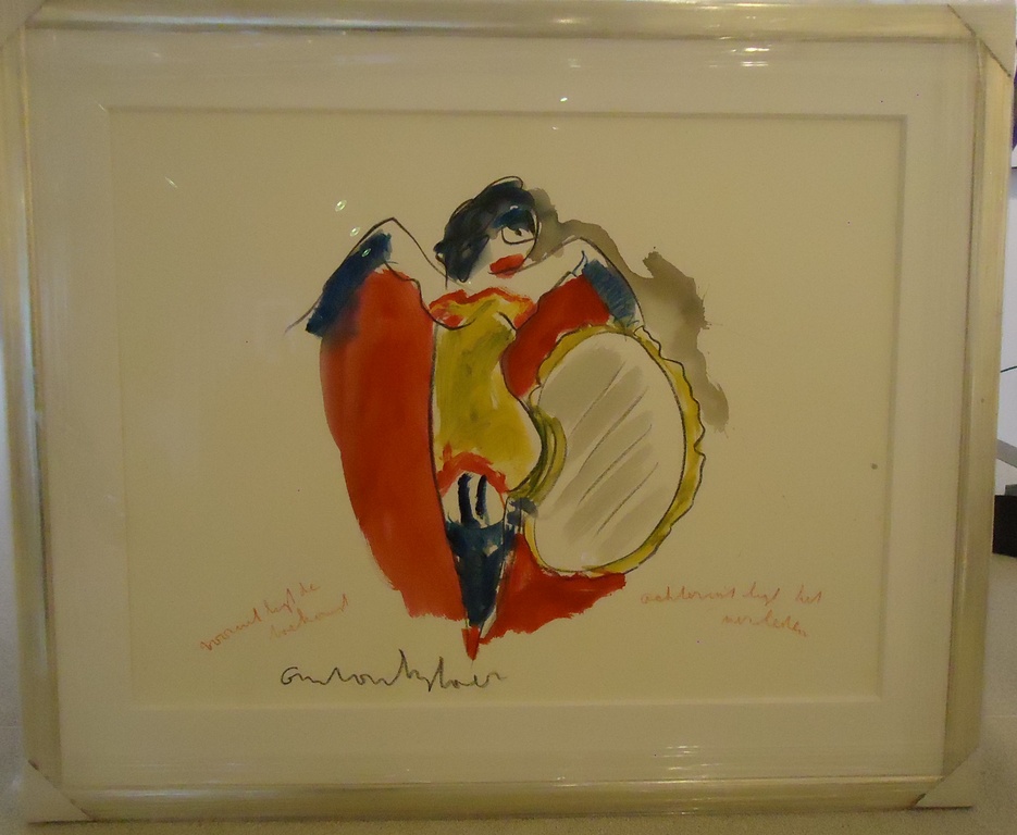 Anton Heyboer, Acquarel, 130x105 met mooie boodschap verkocht voor € 350!