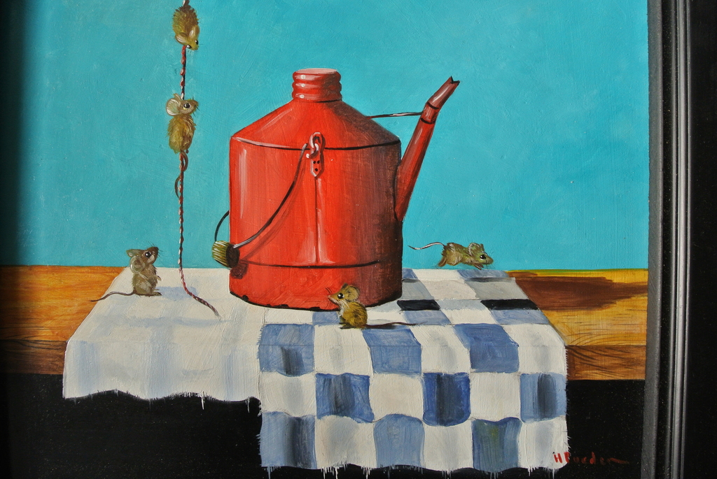 HENK POEDER.- Olieverf op Paneel.-   ALS DE KAT VAN HUIS IS.... kopen? Bied vanaf 185!