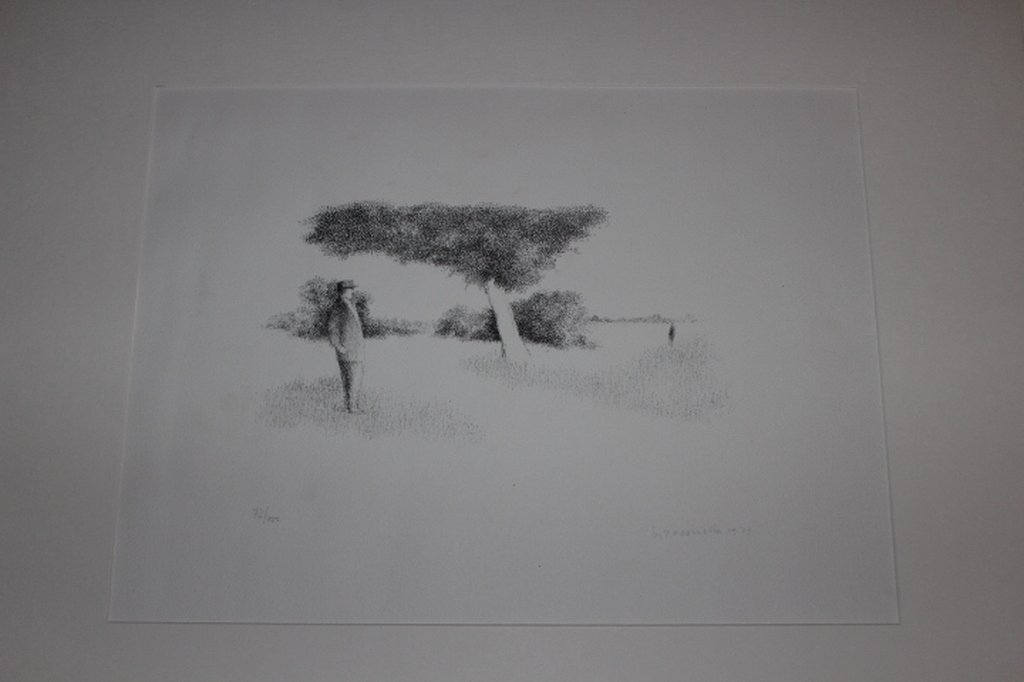 Litho Voorstelling van een figuur in landscha verkocht voor € 50!