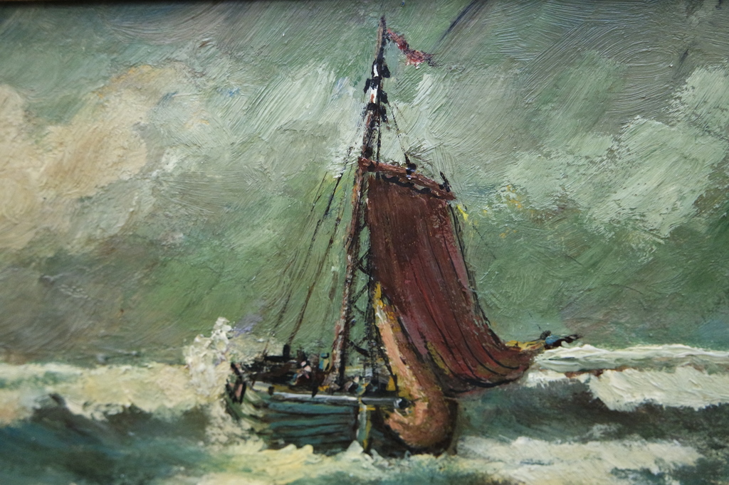 Olieverf op paneel -  zeegezicht met boten - gesigneerd l.o. kopen? Bied vanaf 65!