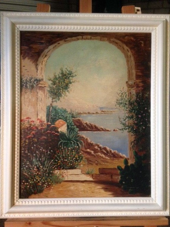 Onbekende kunstenaar, olieverf op doek, Blik op het Gardameer verkocht voor € 75!