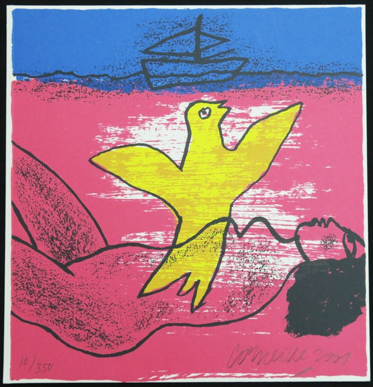 Corneille: Zeefdruk, Z.T. Vrouw zeilboot en gele vogel kopen? Bied vanaf 40!