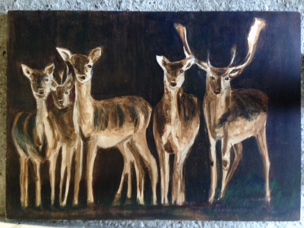 Schilderij ROEDEL HERTEN bij nacht - 70 X 50 cm - kunstenaar onbekend. kopen? Bied vanaf 25!