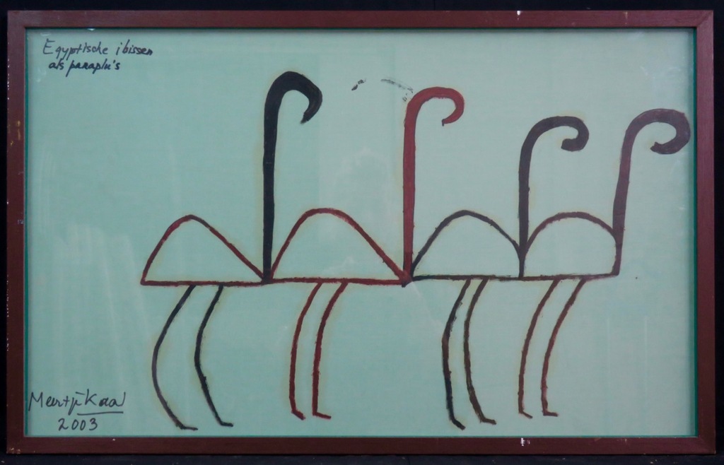 Meertje Kaal: Acryl op linnen, Egyptische ibissen als paraplu's - Ingelijst verkocht voor € 85!