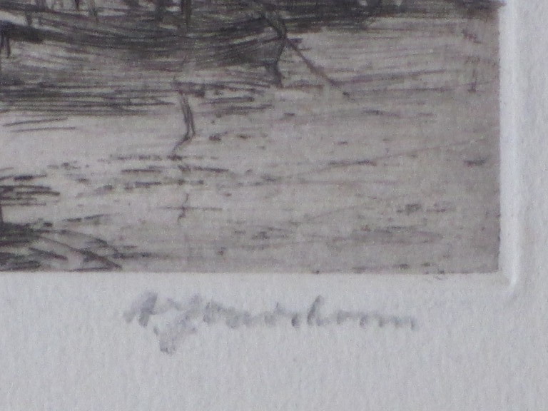 A.J.Oudshoorn, Waterlandschap met molen en zeilschip, Ets kopen? Bied vanaf 1!