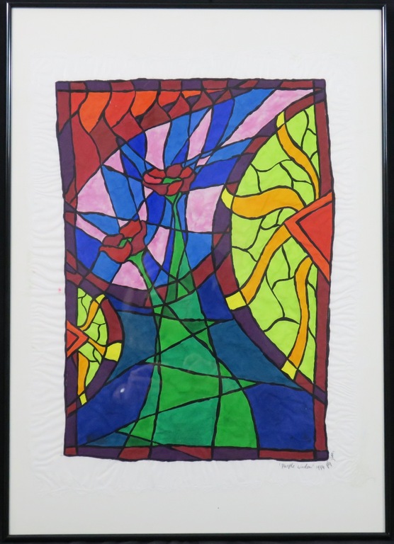 Piet Quekel: Gouache op rijstpapier, Purple window - Ingelijst verkocht voor € 65!