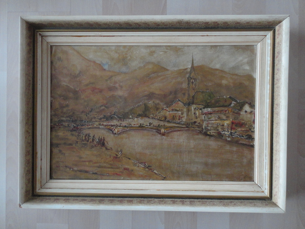 Teun Gijssen - olieverf op doek - zicht op Zwitserse stad aan rivier kopen? Bied vanaf 1!