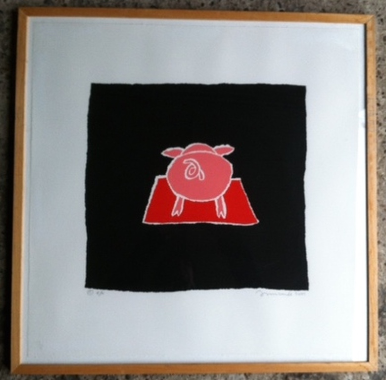 Zeefdruk varkentje van HANS INNEMEE 70 x 70 cm = hand gesigneerd verkocht voor € 65!