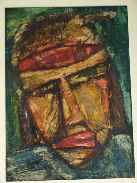 Jozef Bossaert : Acrylverf op Japans papier , Wounded Knee – ingelijst -1976 verkocht voor € 50!