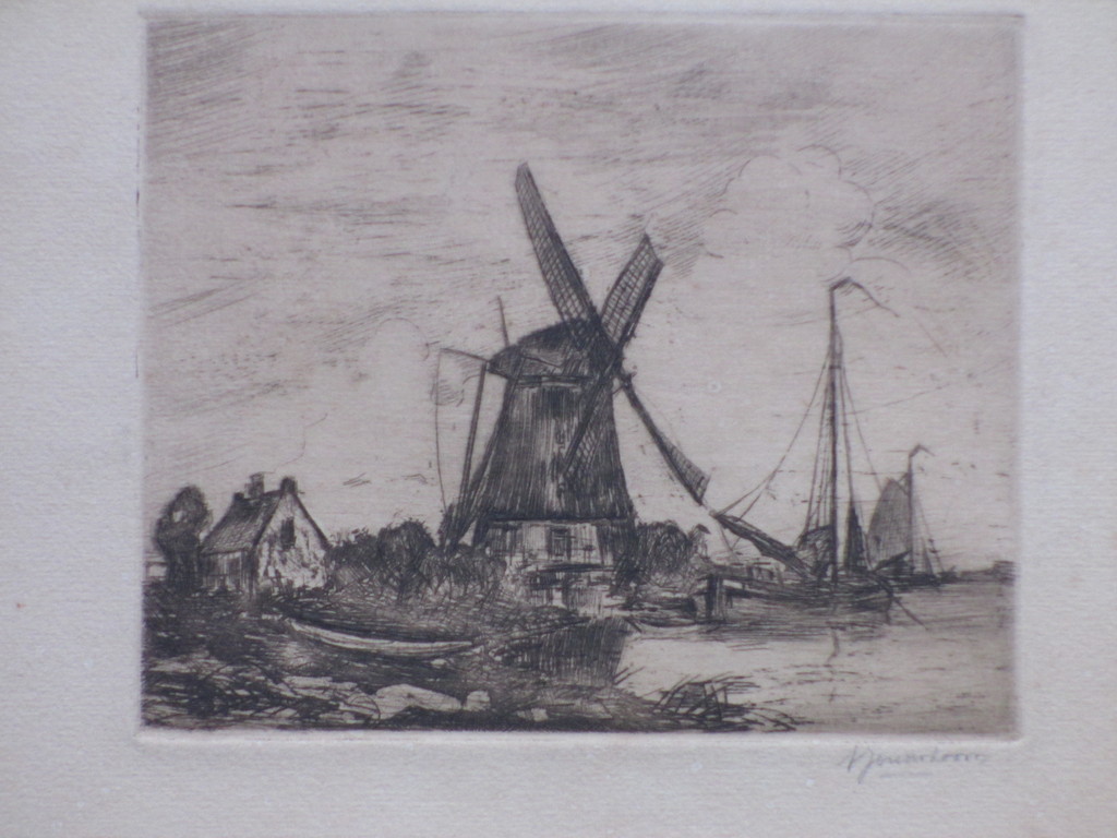 A.J.Oudshoorn, Waterlandschap met molen en zeilschip, Ets kopen? Bied vanaf 1!