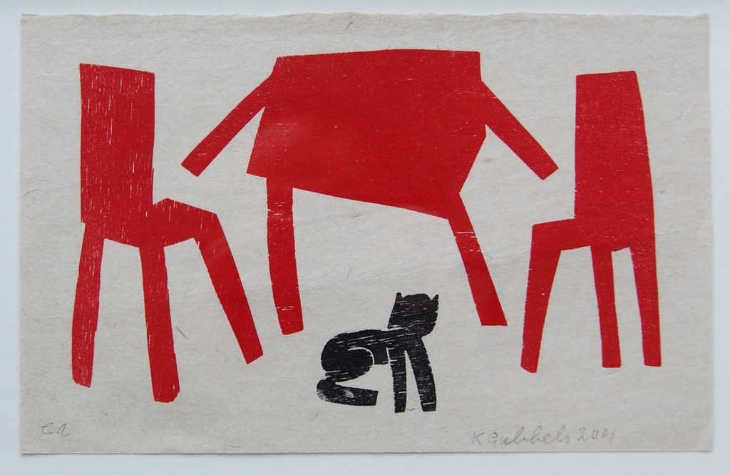 Klaas Gubbels houtdruk 'Interieur met poes' - 2001 kopen? Bied vanaf 350!