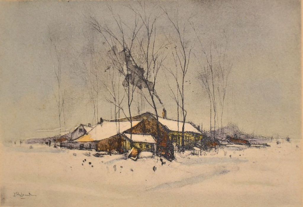Jan Rijlaarsdam: Aquarel. Boederij in winterlandschap. verkocht voor € 260!