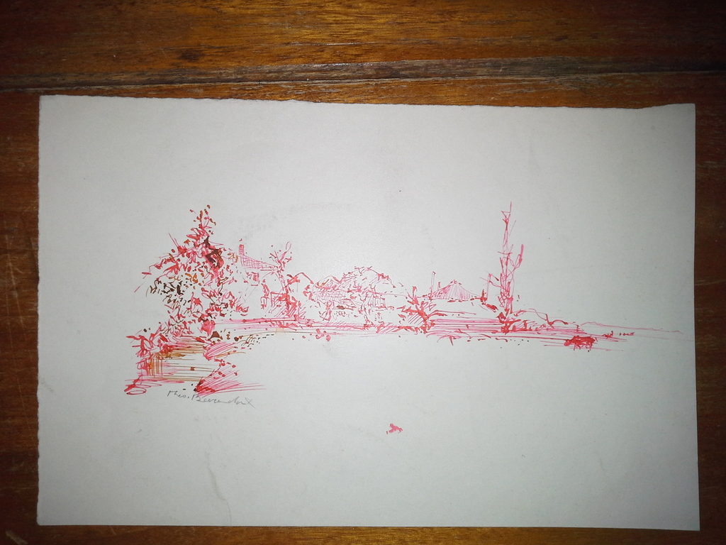 Theo Beerendonk: Tekening rode inkt: Boerderij en koe kopen? Bied vanaf 45!