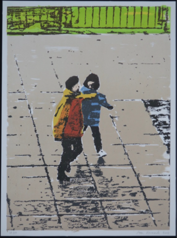 Koen Vermeule: Zeefdruk, Twee figuren (geel/blauw) verkocht voor € 60!