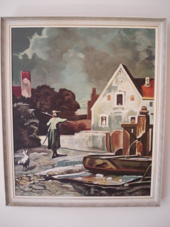 Niet of onleesbaar gesigneerd - L.M. Hoebe, olieverf op doek, Laat-middeleeuws tafereel van huis met wachter kopen? Bied vanaf 65!