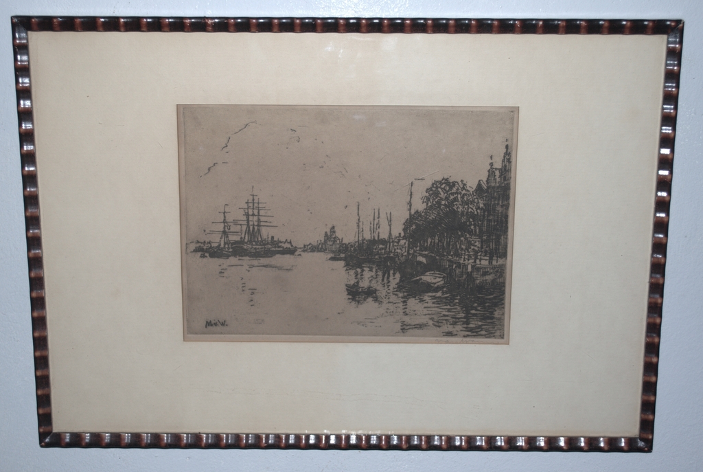 Haven met schepen en Poort - 2 etsen, 1 fraai ingelijst kopen? Bied vanaf 25!