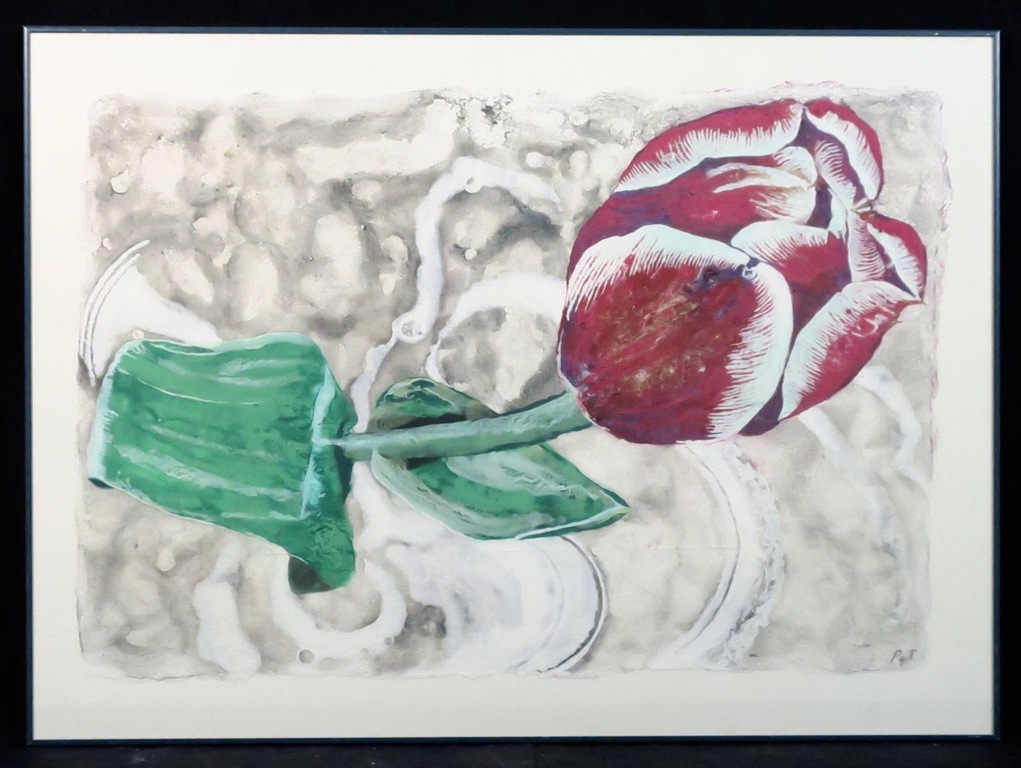 Pat Gentenaar - Torley: Gemengde techniek, Tulip in Water - Ingelijst (groot) verkocht voor € 40!