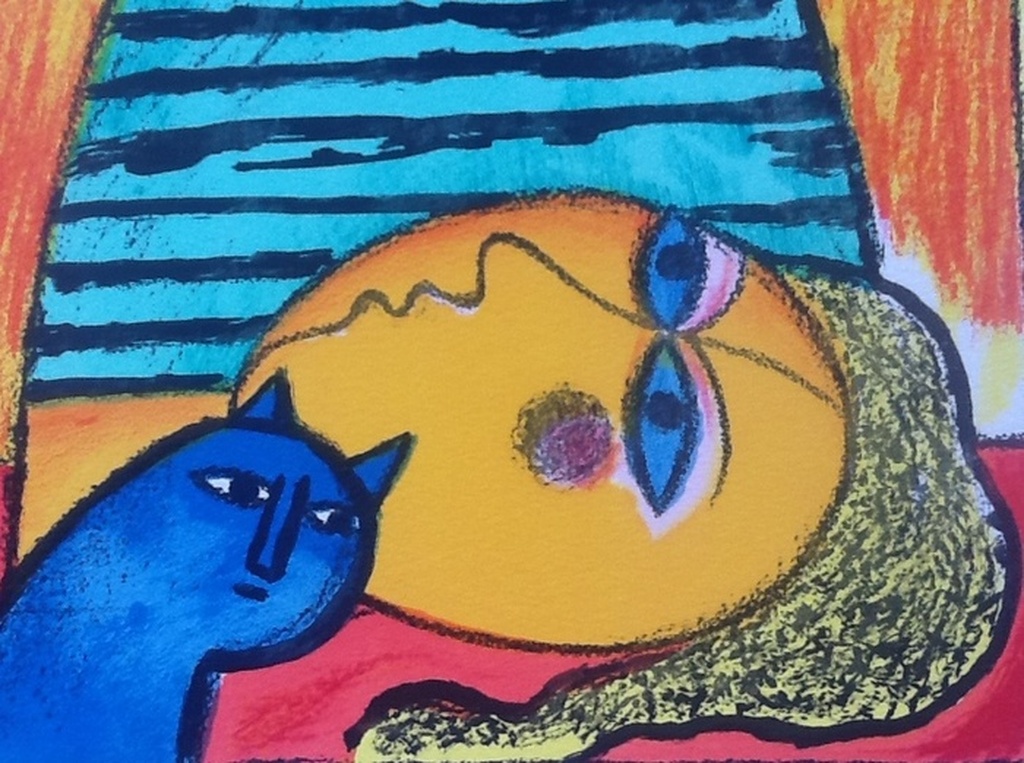 Corneille - Jeune fille au chat bleu - gesigneerde lithografie - e.a. exemplaar  kopen? Bied vanaf 325!