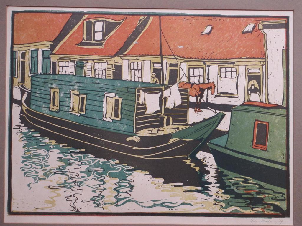 Cees Bolding, Woonboot aan de kade, Kleurhoutsnede verkocht voor € 35!