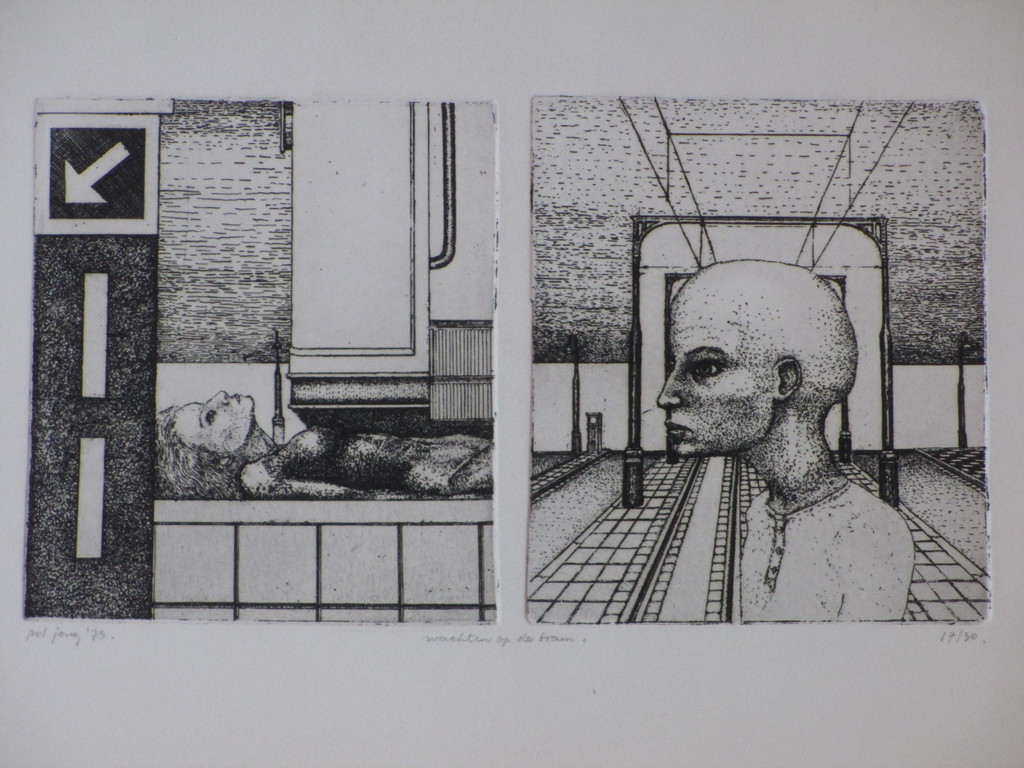 Pol Jong, Wachten op de tram, Ets 1973 kopen? Bied vanaf 35!