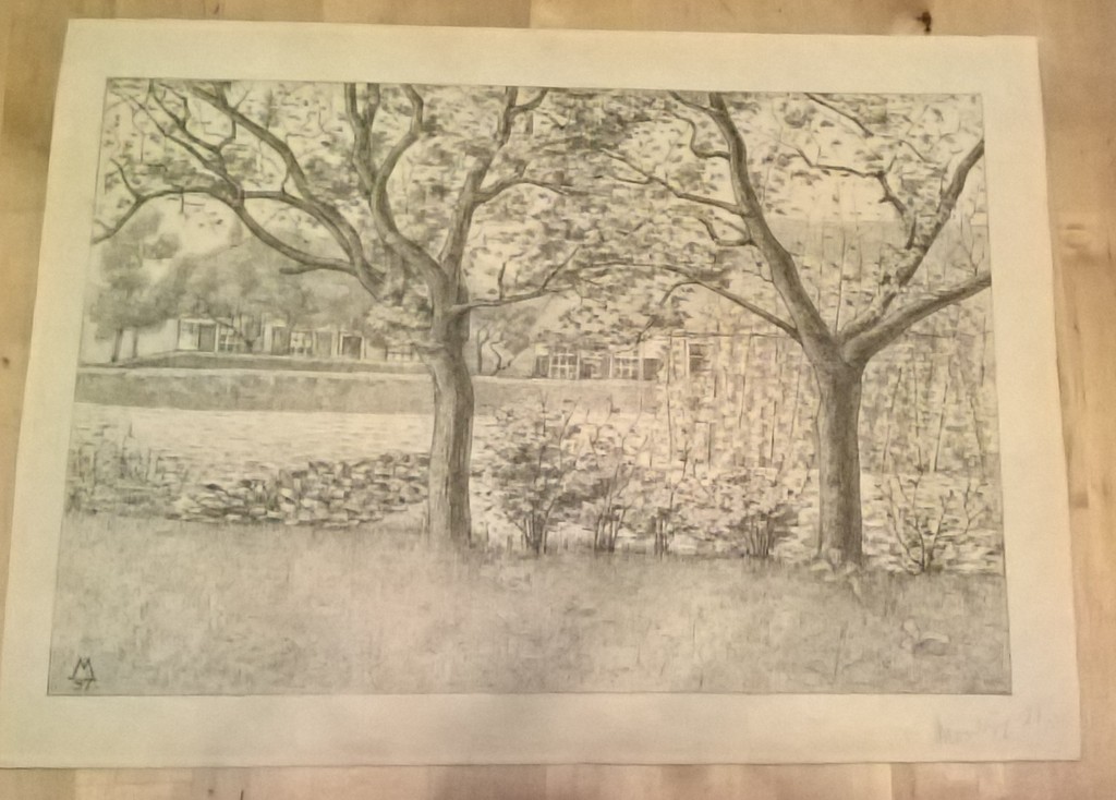 Simon Moulijn, litho, tuin met bomen verkocht voor € 50!