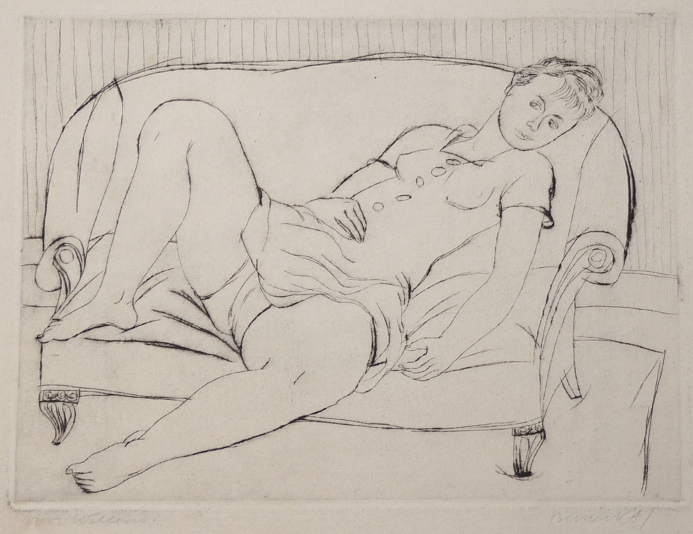 Herman Berserik, ets, vrouw op sofa, 1947 verkocht voor € 100!