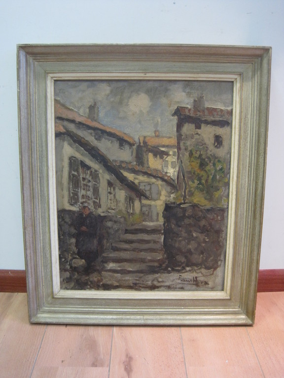 Frans Hoos 1884-1966 "Scheveningen met vrouw in klederdracht" olieverf 1920 kopen? Bied vanaf 1!