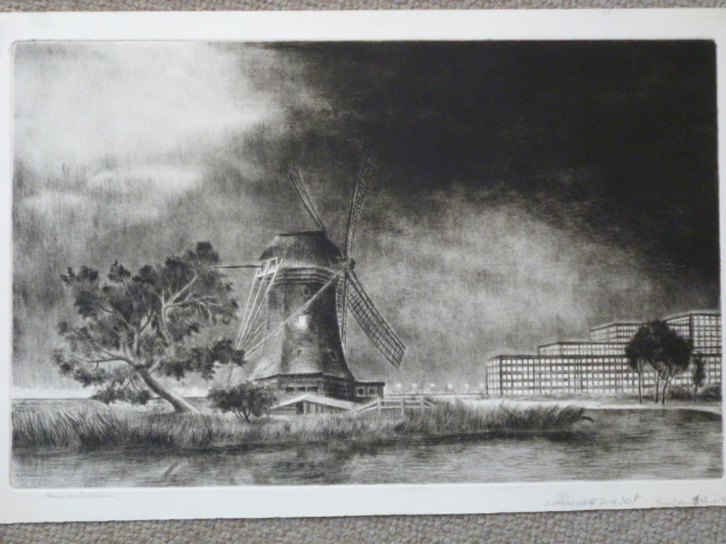 Hans van Dokkum - ets - Molen bij kantoorgebouw verkocht voor € 35!