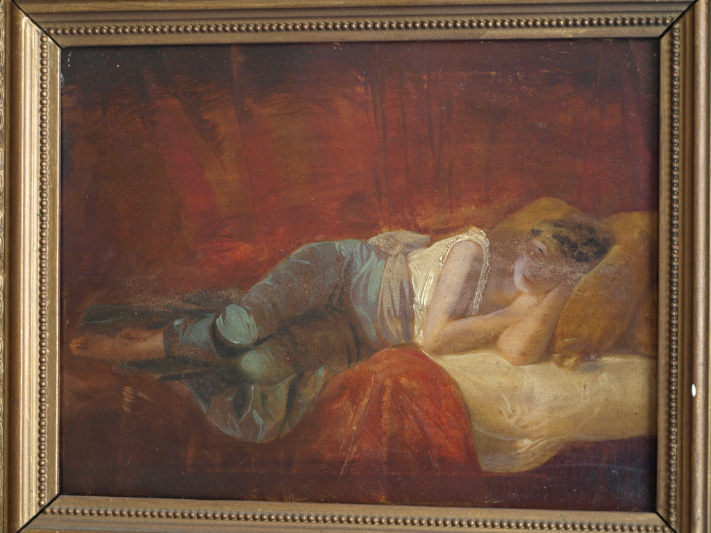 Onduidelijke signatuur : Olieverf op paneel , Schone slaapster – ingelijst – Oud kopen? Bied vanaf 1!