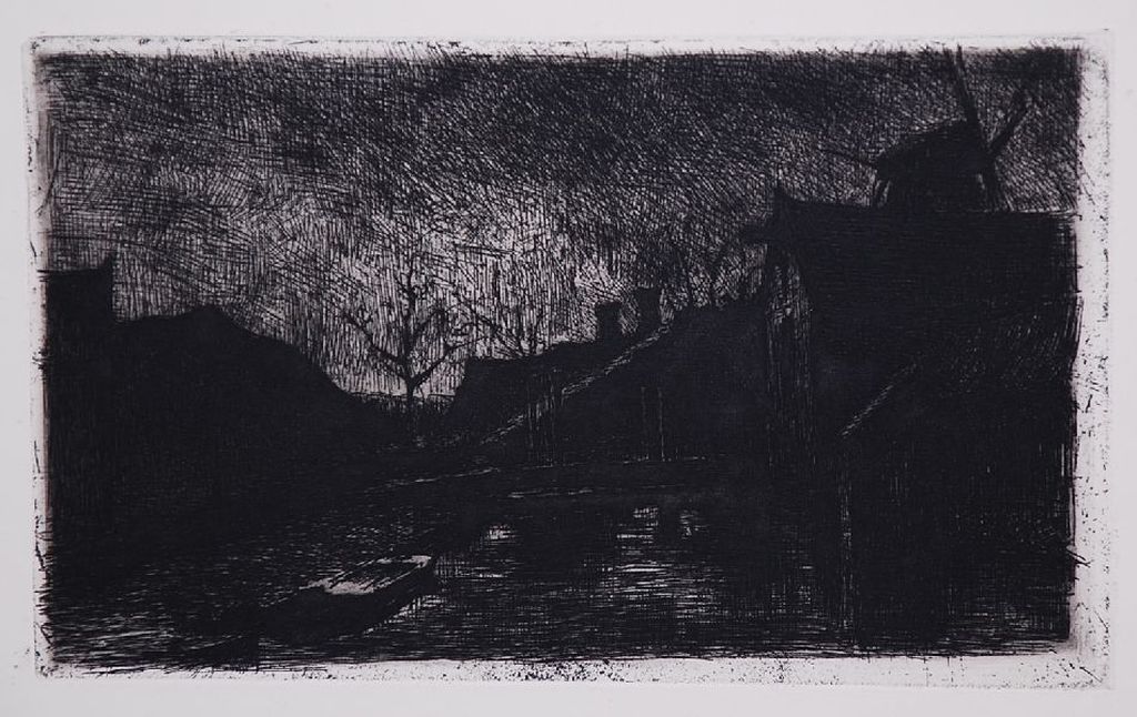 Eduard Karsen: Ets. Bootje bij huizen in de nacht. Uit 1889 kopen? Bied vanaf 40!