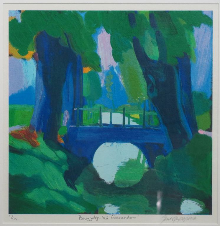 Jentsje Popma: Zeefdruk, Bruggetje bij Giessendam - Ingelijst verkocht voor € 75!
