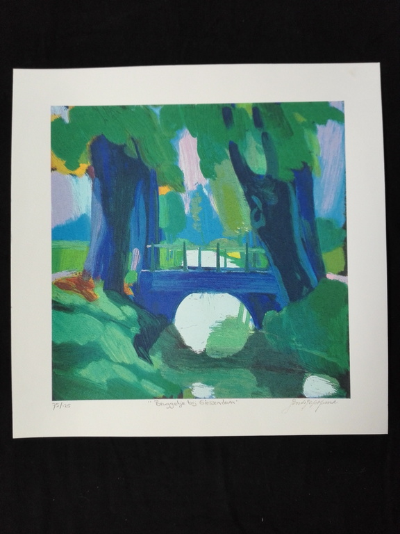 Jentsje Popma, zeefdruk op papier, Titel: bruggetje bij giessendam verkocht voor € 80!